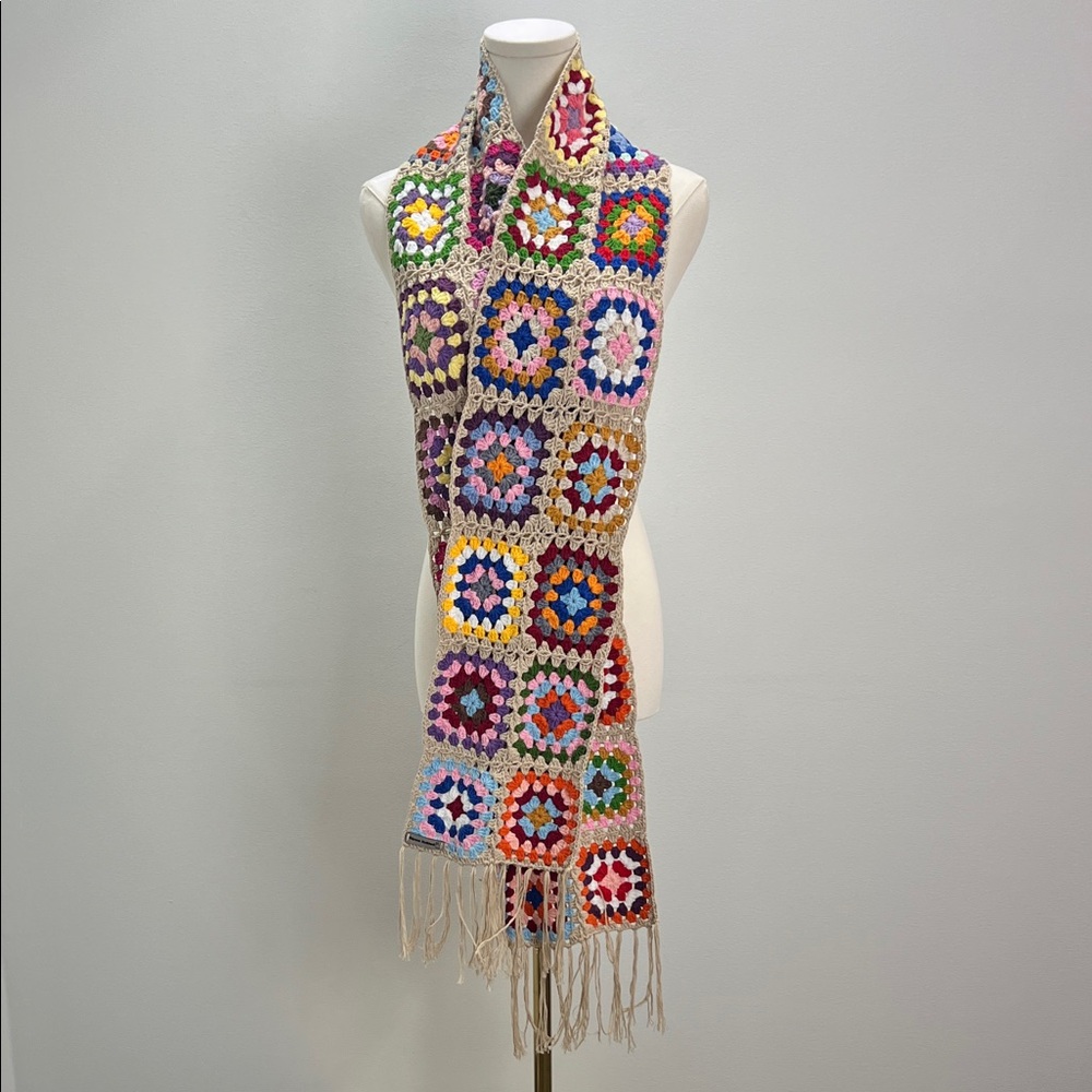 Alpaca Knitted Granny Square Scarf Colorful Crochet Artsy Bold Multicolor